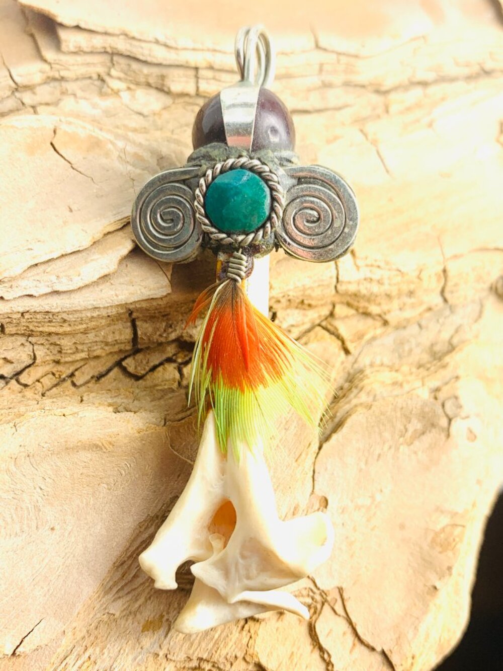 Peruvian black quartz silver pendant with snake, feathers, Chrysocolla Pink Opal